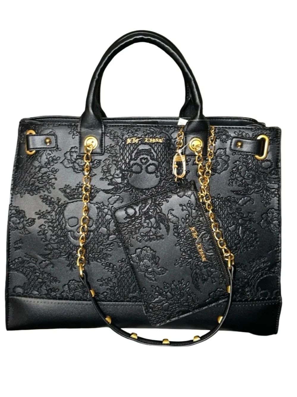 BETSEY JOHNSON XL BLACK SKULL & ROSES DOUBLE HANDLE & CHAIN STUD STRAPS TOTE NWT
